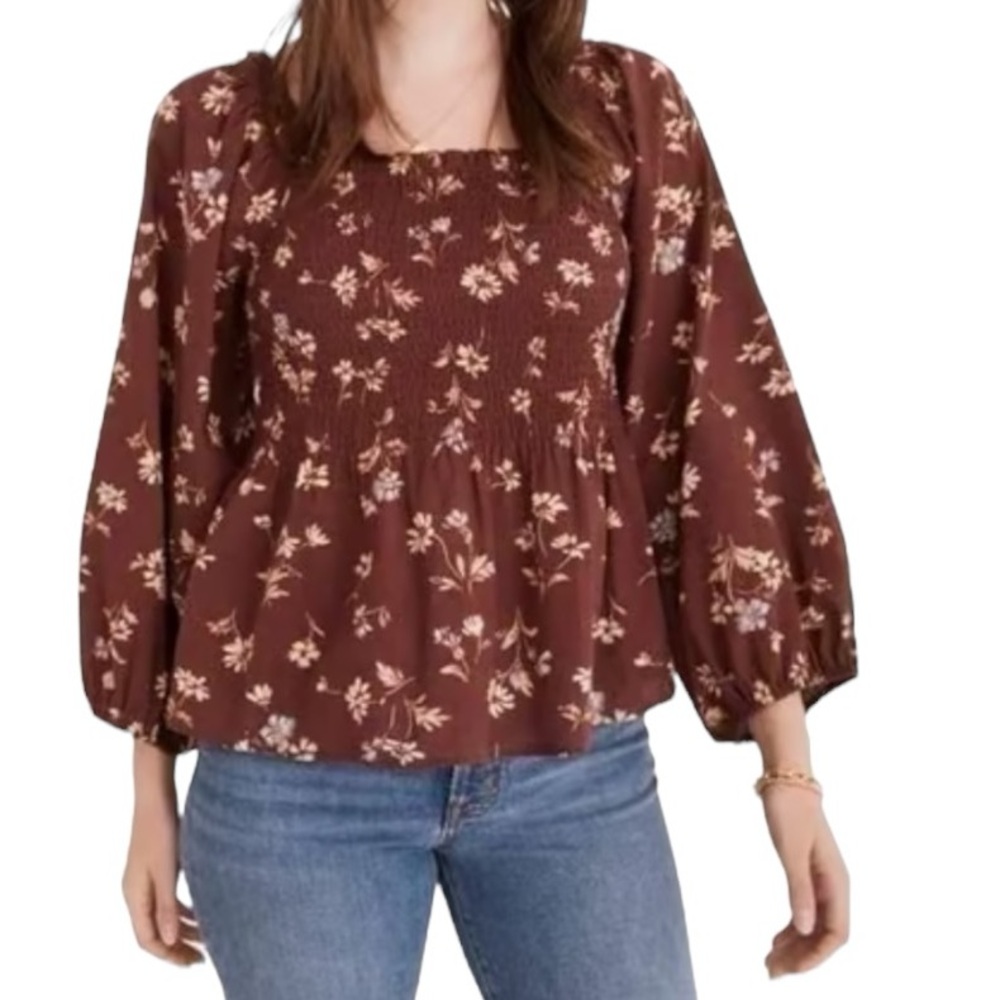 Madewell Floral Blouse Top Size 8 Peasant Burgundy Tan